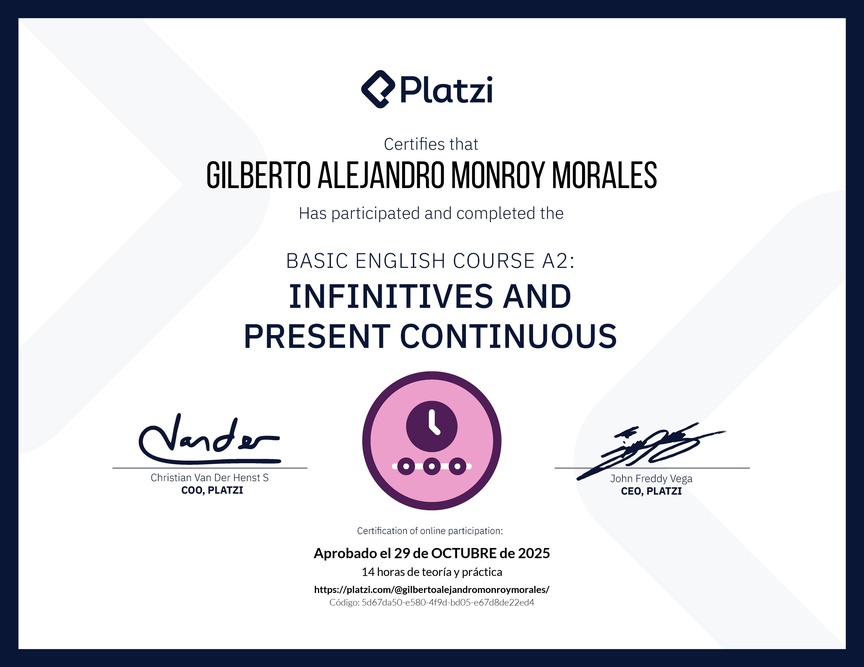 Diploma del Curso de Inglés Básico A2: Infinitivos y Presente Continuo