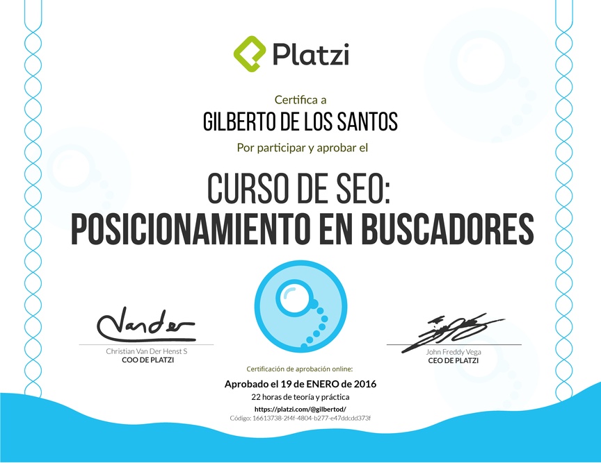 Diploma del Curso de SEO: Posicionamiento en buscadores 2016