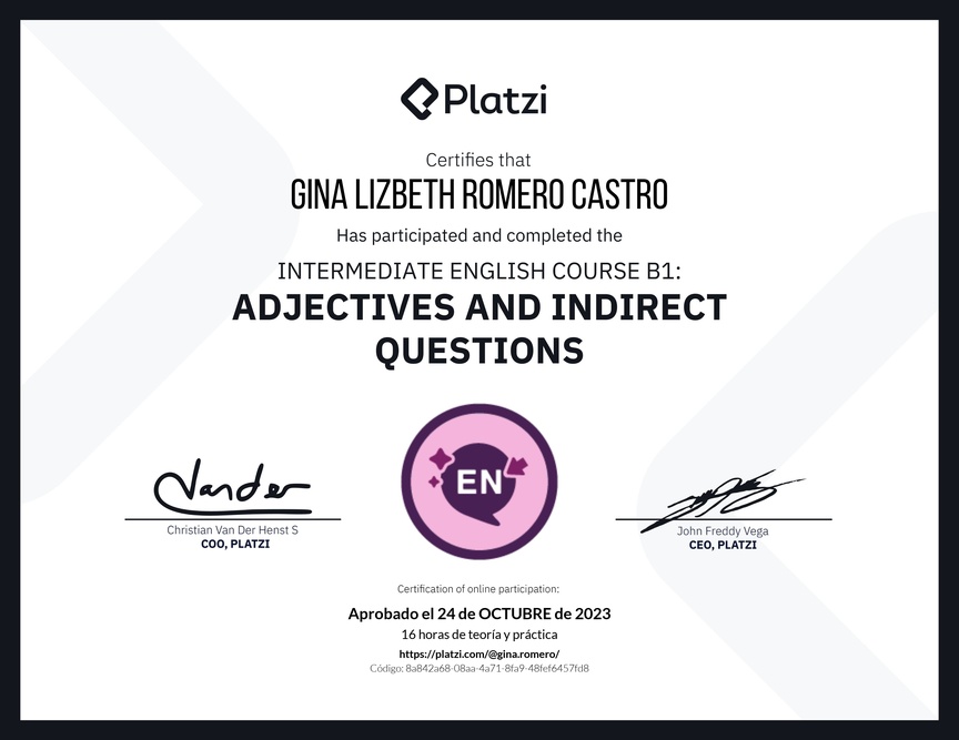 Diploma del Curso de Inglés Intermedio: Adjetivos y Preguntas Indirectas (2021)