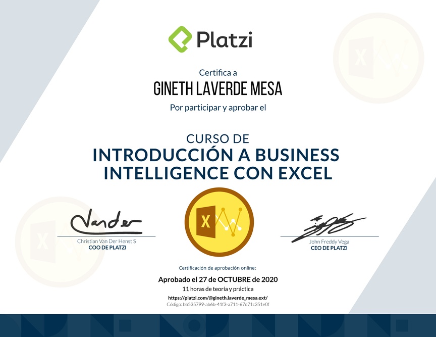 Diploma del Curso de Introducción a Business Intelligence con Excel