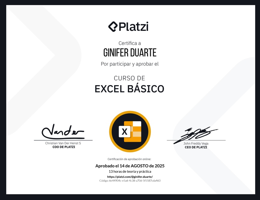 Diploma del Curso de Excel Básico