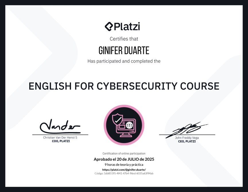 Diploma del Curso de Inglés para Ciberseguridad