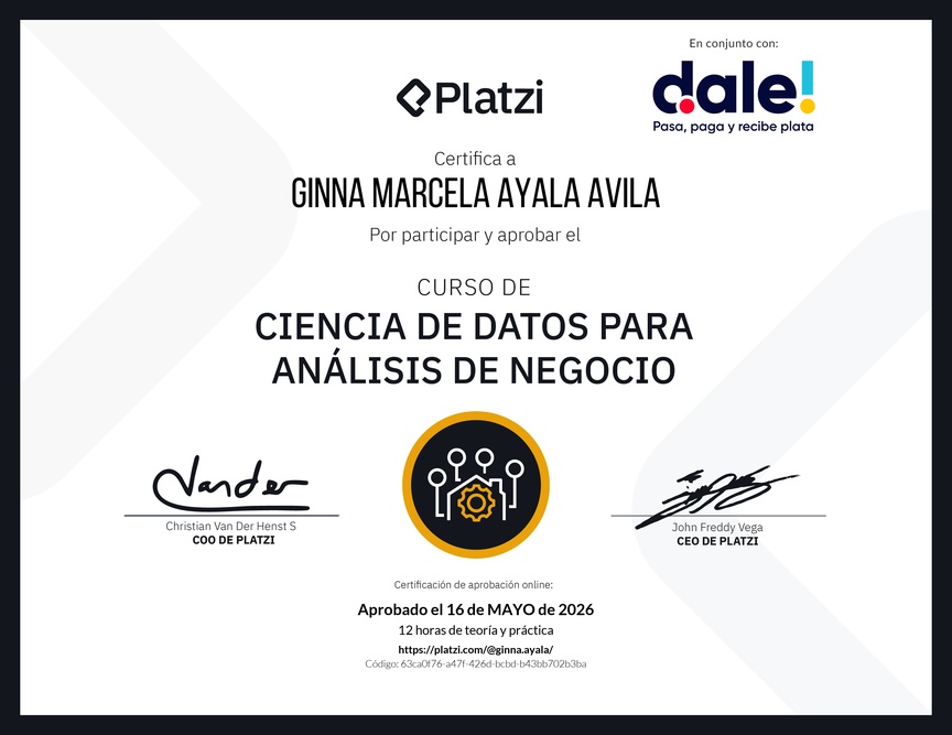 Diploma del Curso de Ciencia de Datos para Análisis de Negocio