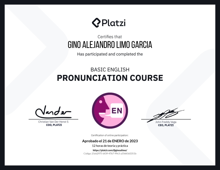 Diploma del Curso Básico de Pronunciación en Inglés