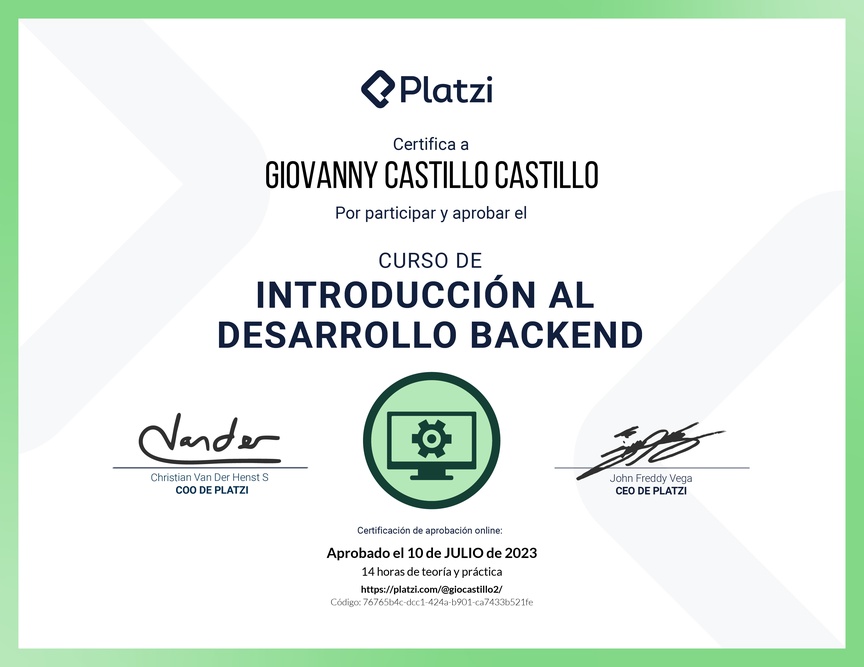 Diploma del Curso de Introducción al Desarrollo Backend