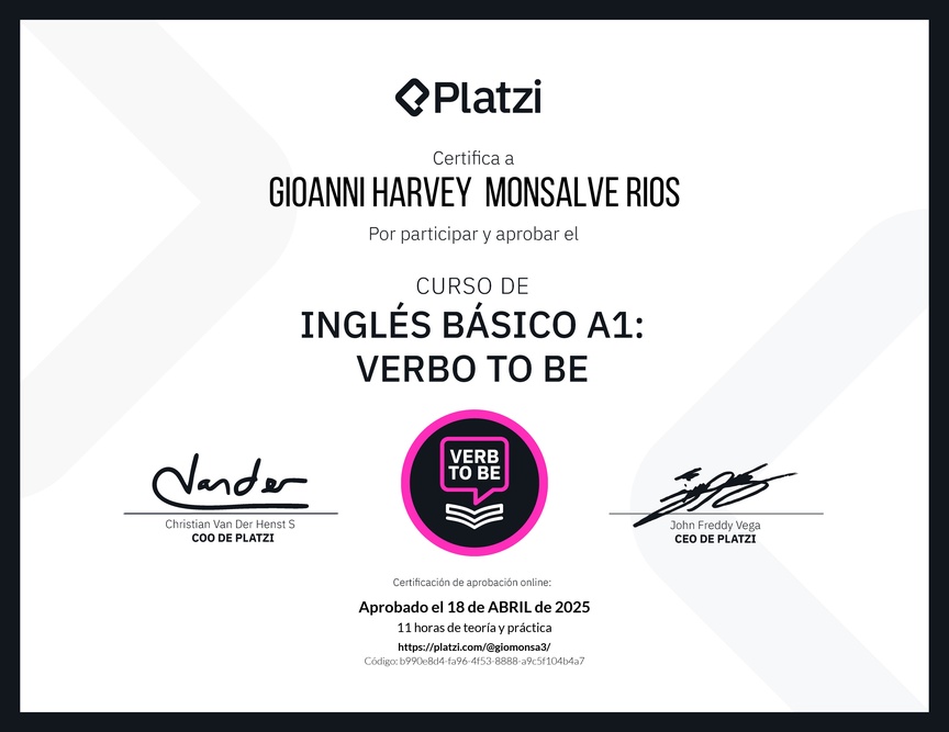 Diploma del Curso de Inglés Básico A1: Verbo To Be