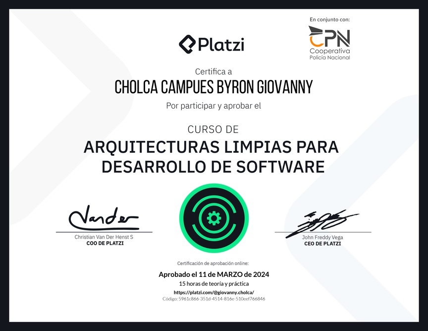 Diploma del Curso de Arquitecturas Limpias para Desarrollo de Software