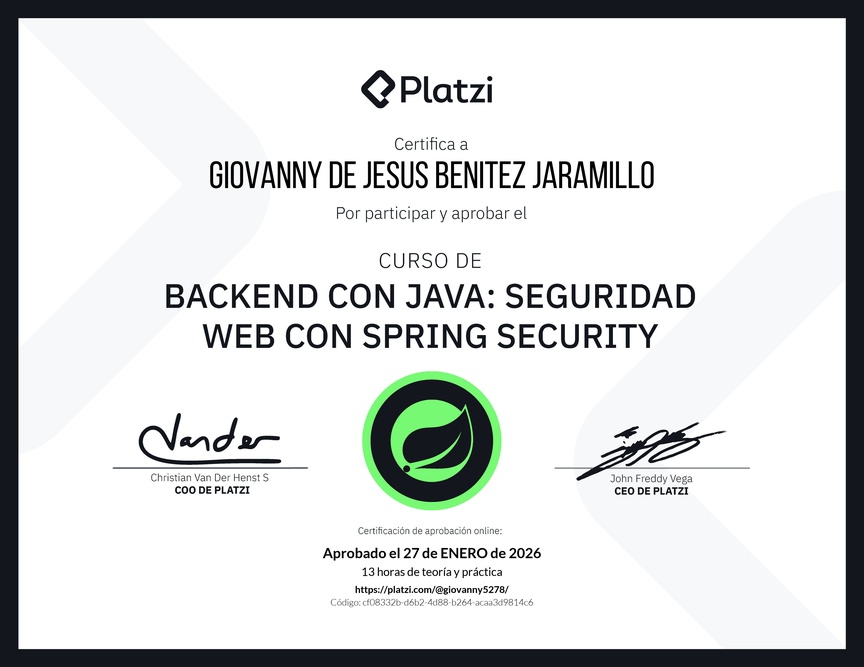 Diploma del Curso de Java Spring Security: Autenticación y Seguridad Web