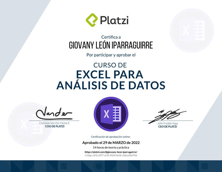 Diploma del Curso de Excel para el Análisis de Datos
