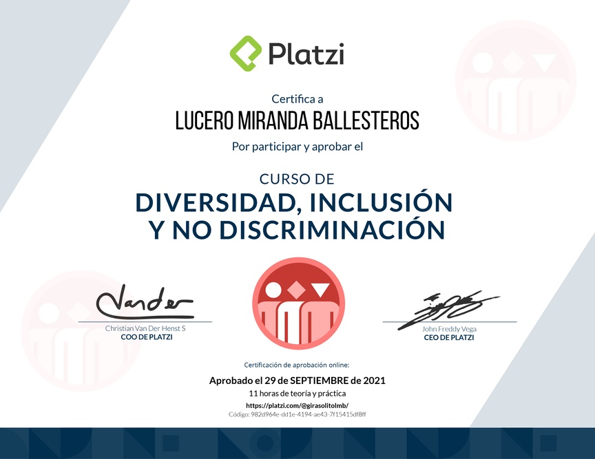 Diploma del Curso de Diversidad, Inclusión y No Discriminación