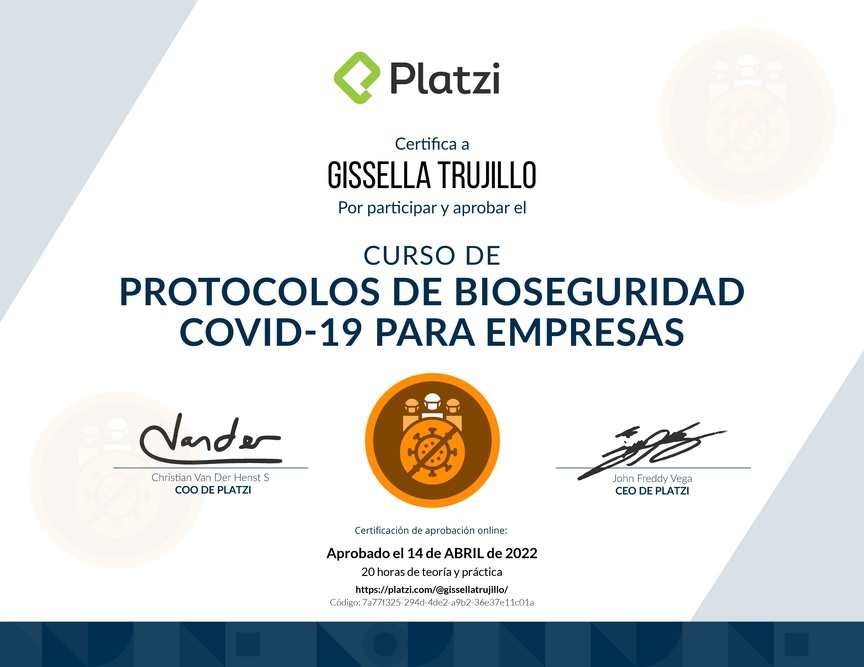Diploma del Curso de Protocolos de Bioseguridad covid-19 para Empresas