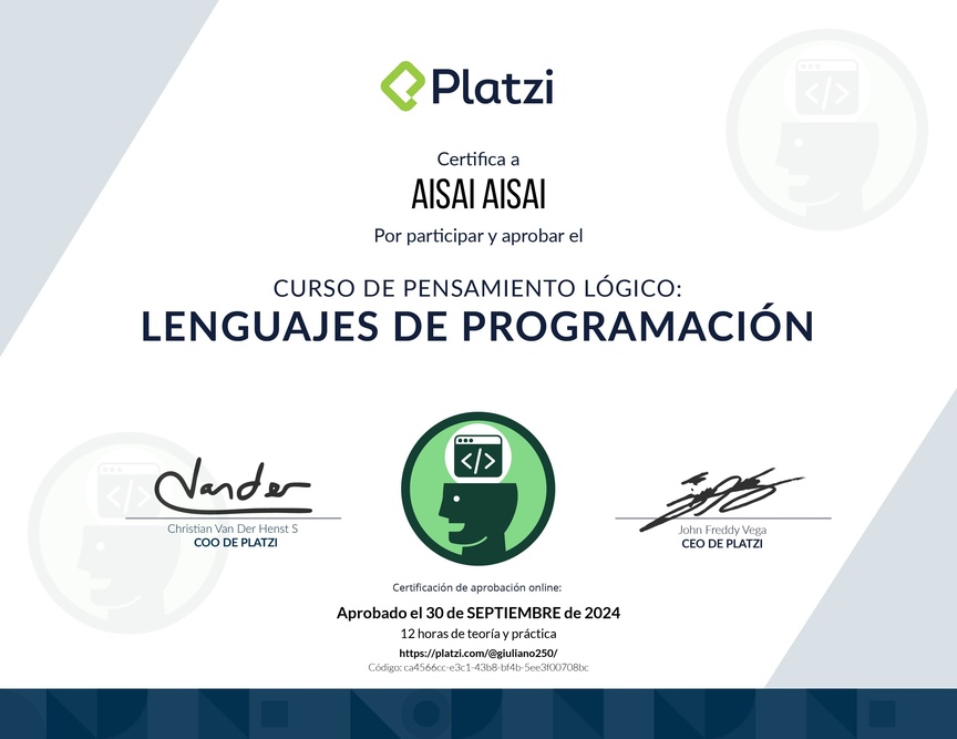 Diploma del Curso de Pensamiento Lógico: Lenguajes de Programación