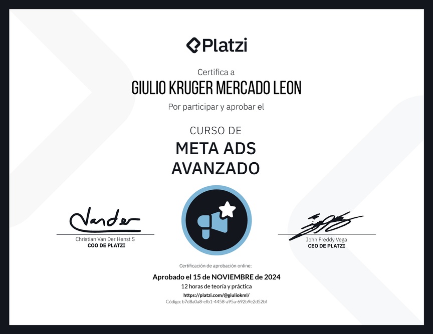 Diploma del Curso de Meta Ads Avanzado: Conoce Nuevas Funcionalidades