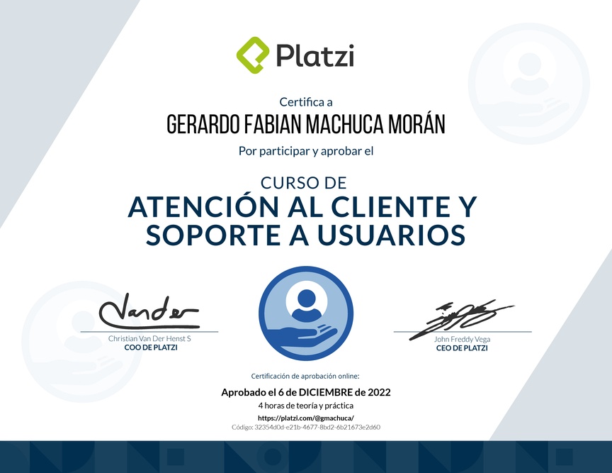 Diploma del Curso de Servicio al Cliente y Soporte a Usuarios