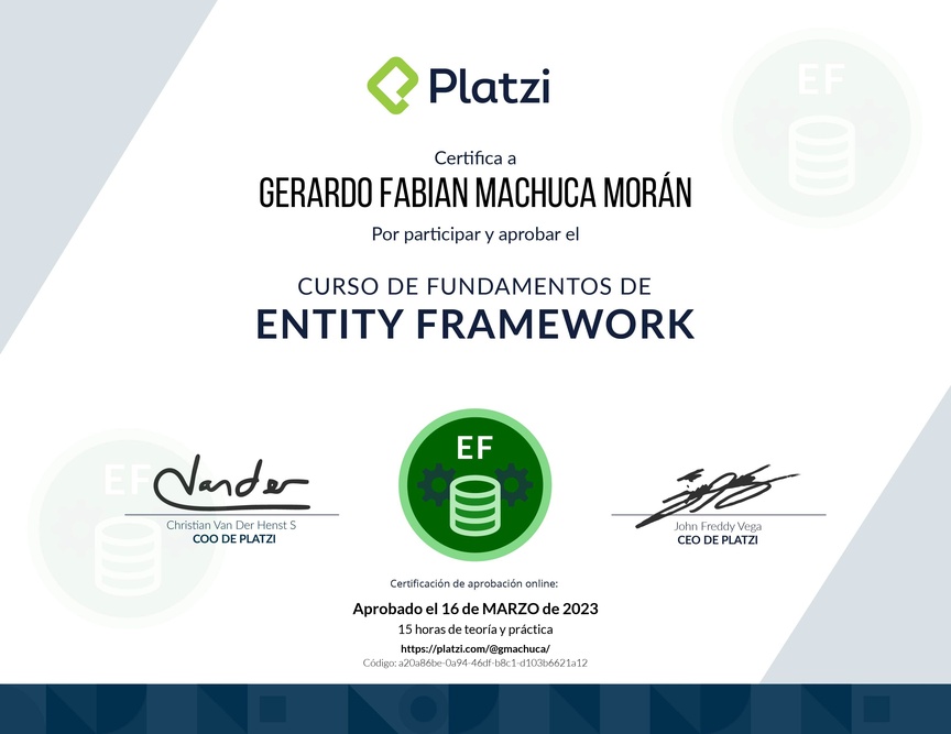 Diploma del Curso de Fundamentos de Entity Framework