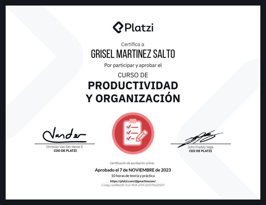Diploma del Curso de Productividad y Organización
