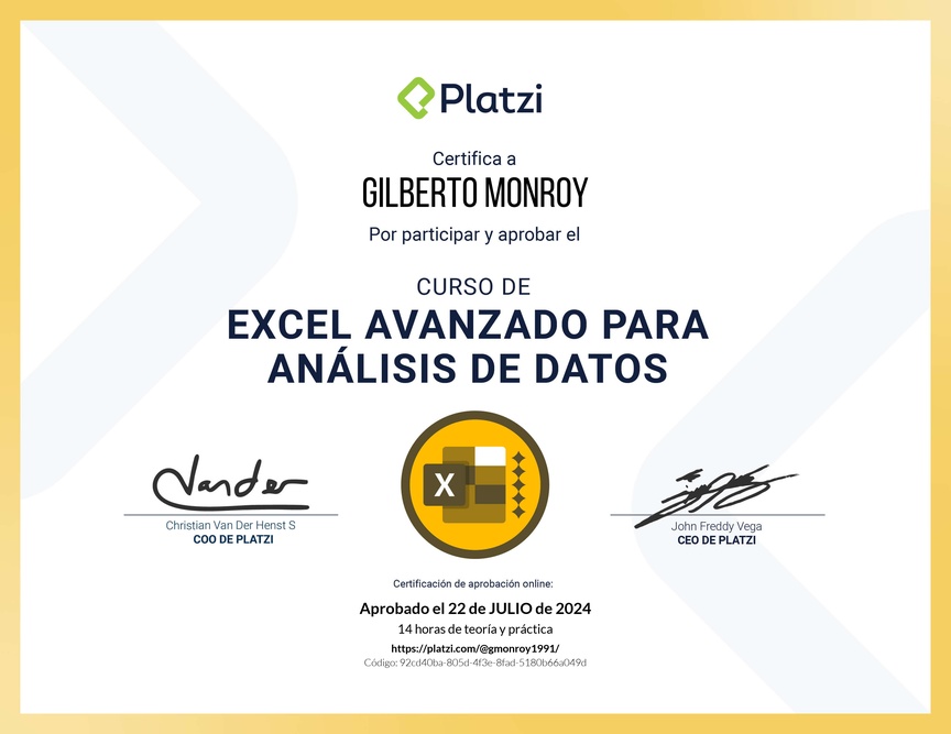 Diploma del Curso de Excel Avanzado para Análisis de Datos