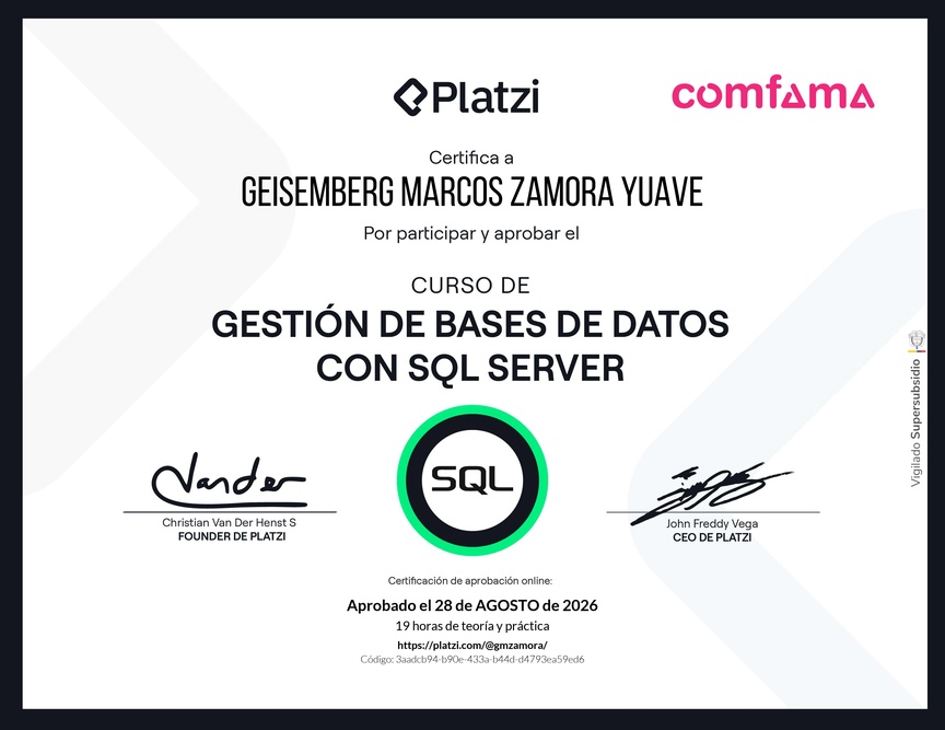 Diploma del Curso de Gestión de Bases de Datos con SQL Server