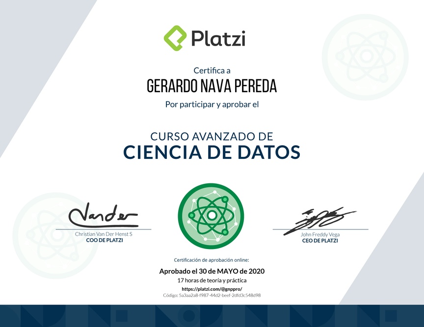 Diploma del Curso Profesional de Ciencia de Datos 2019