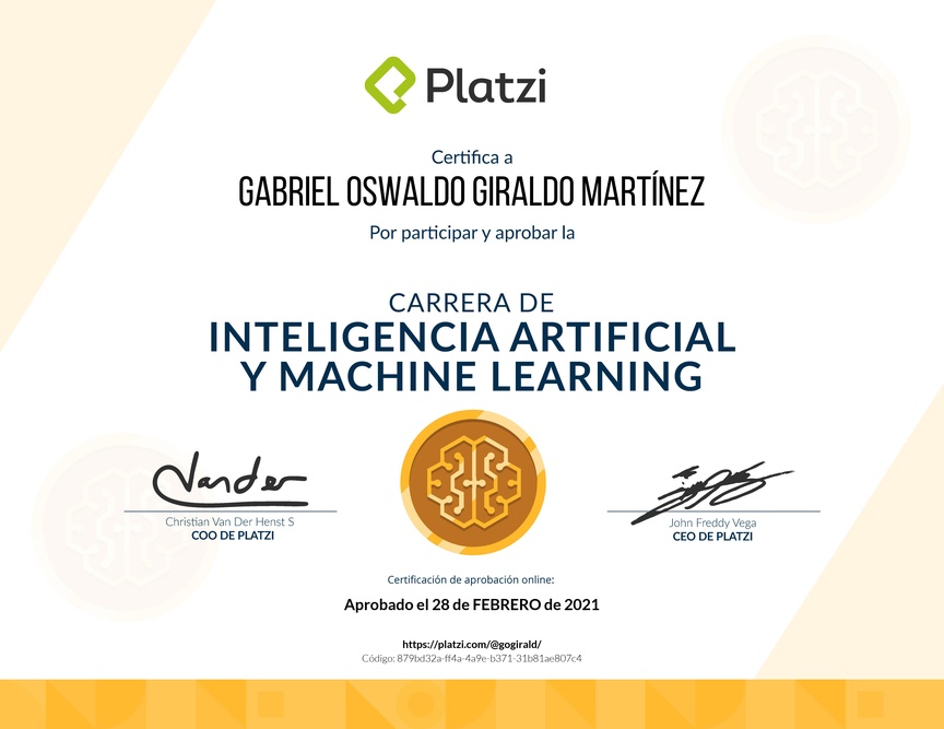 Diploma de la Ruta de Aprendizaje de Inteligencia Artificial y Machine Learning