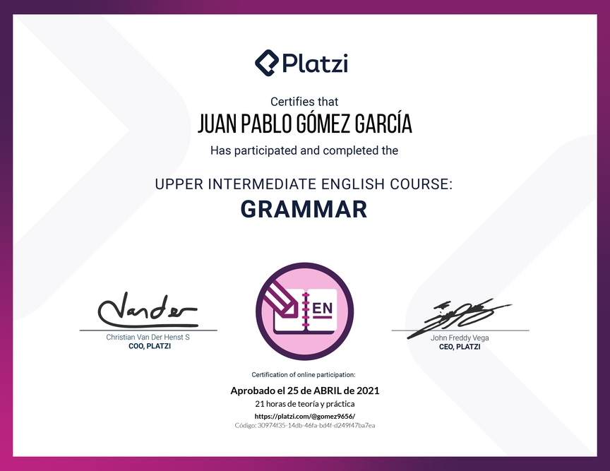 Diploma del Curso Intermedio Alto de Gramática en Inglés (2020)