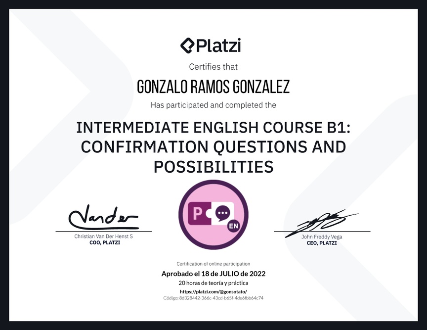 Diploma del Curso de Inglés Intermedio B1: Preguntas de Confirmación y Posibilidades