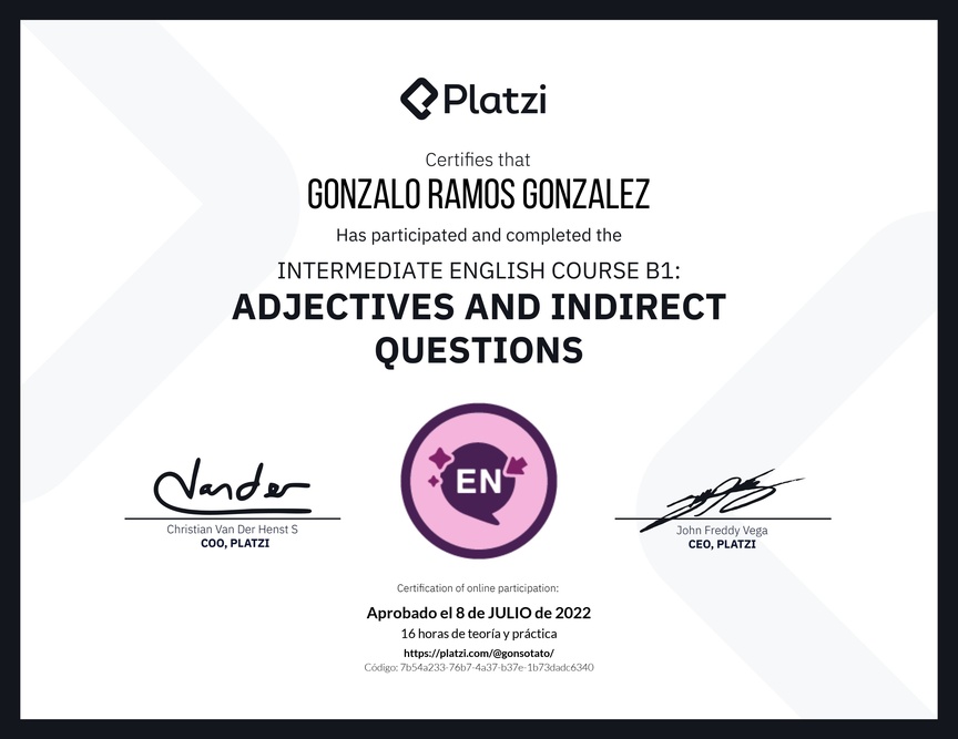 Diploma del Curso de Inglés Intermedio: Adjetivos y Preguntas Indirectas (2021)