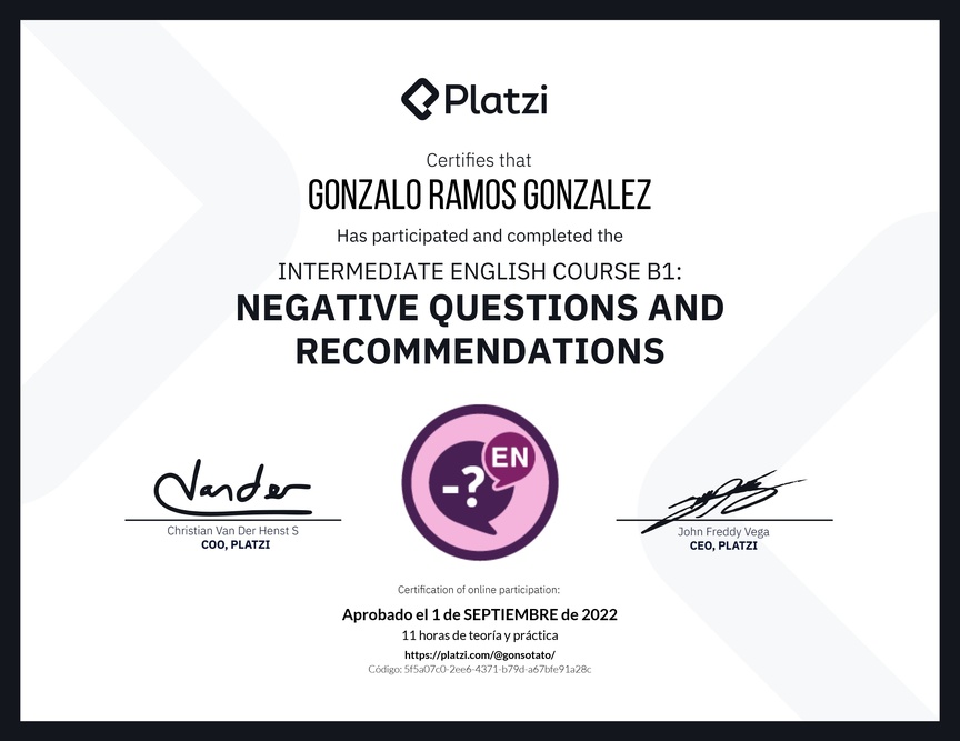 Diploma del Curso de Inglés Intermedio B1: Preguntas Negativas y Recomendaciones