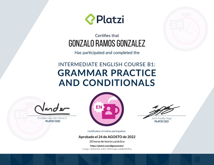 Diploma del Curso de Inglés Intermedio B1: Práctica Gramatical y Condicionales (2021)