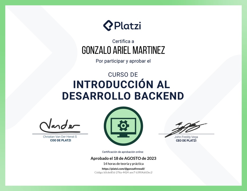 Diploma del Curso de Introducción al Desarrollo Backend