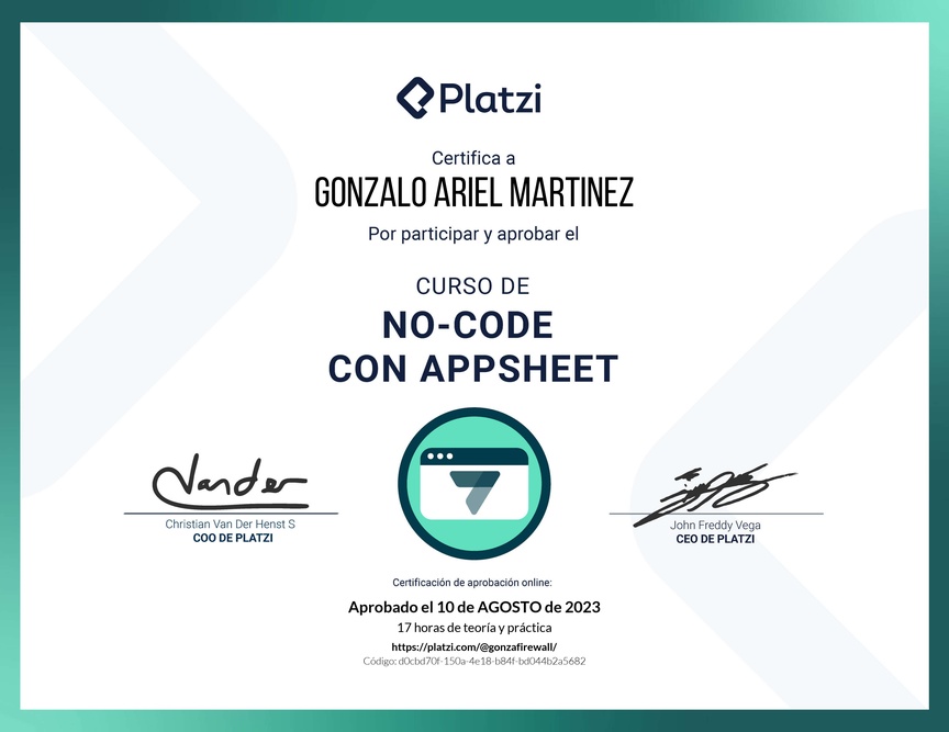 Diploma del Curso de No-Code con Appsheet