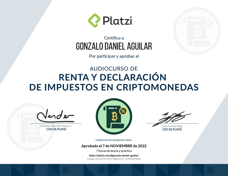 Diploma de Audiocurso de Renta y Declaración de Impuestos en Criptomonedas