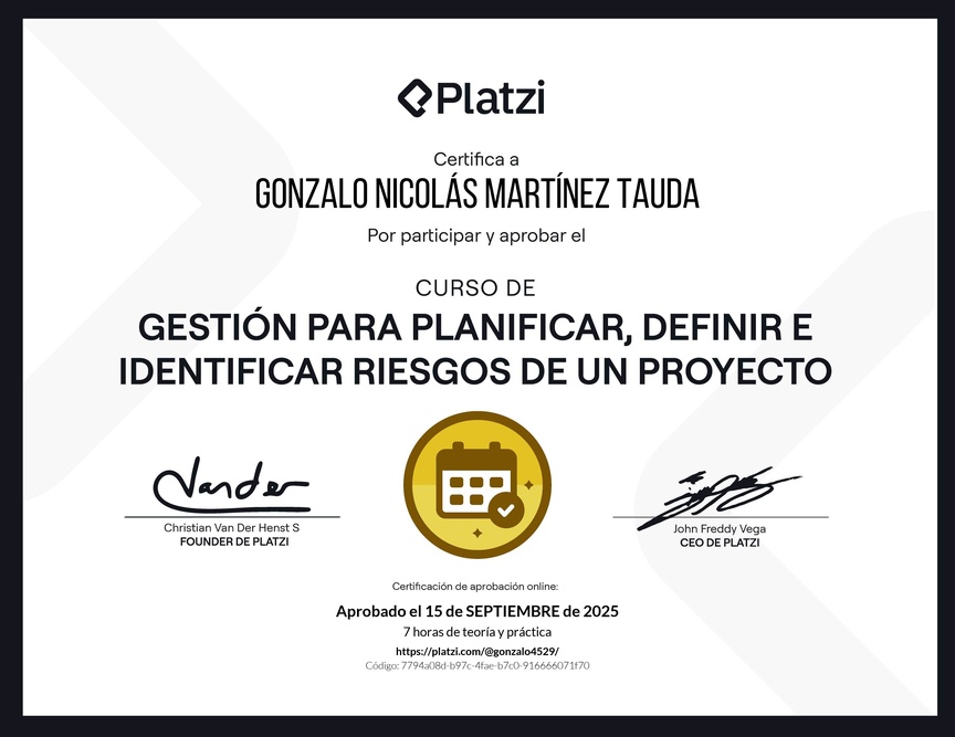 Diploma del Curso de Gestión para Planificar, Definir e Identificar Riesgos de un Proyecto