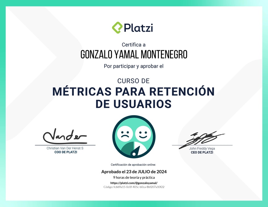 Diploma del Curso de Fundamentos de Métricas para Retención de Usuarios