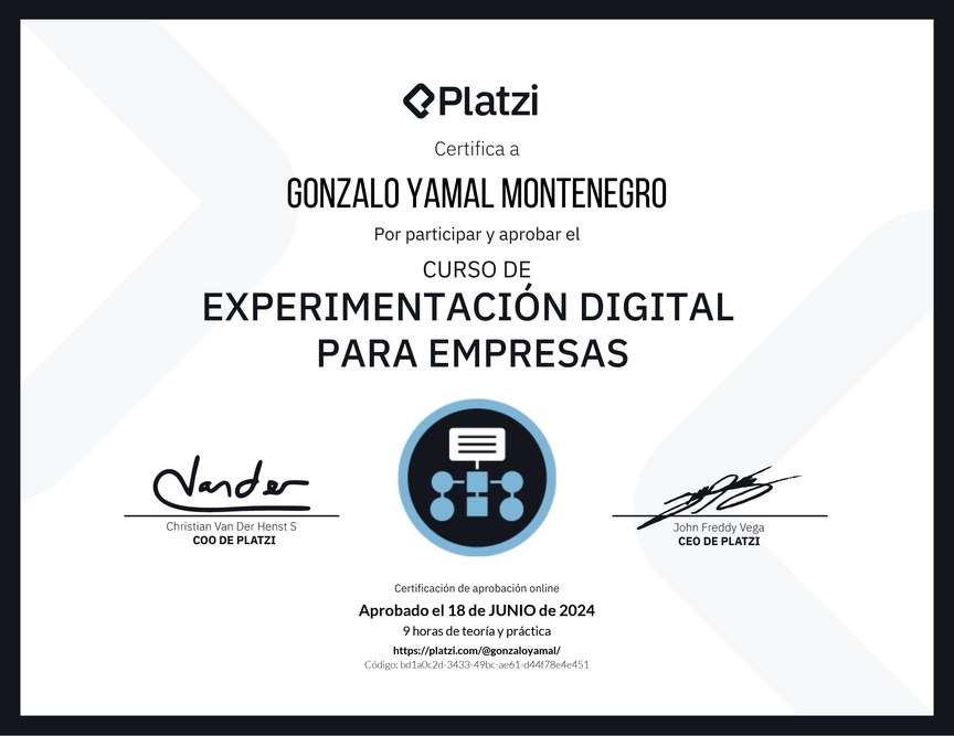 Diploma del Curso de Experimentación Digital para Empresas