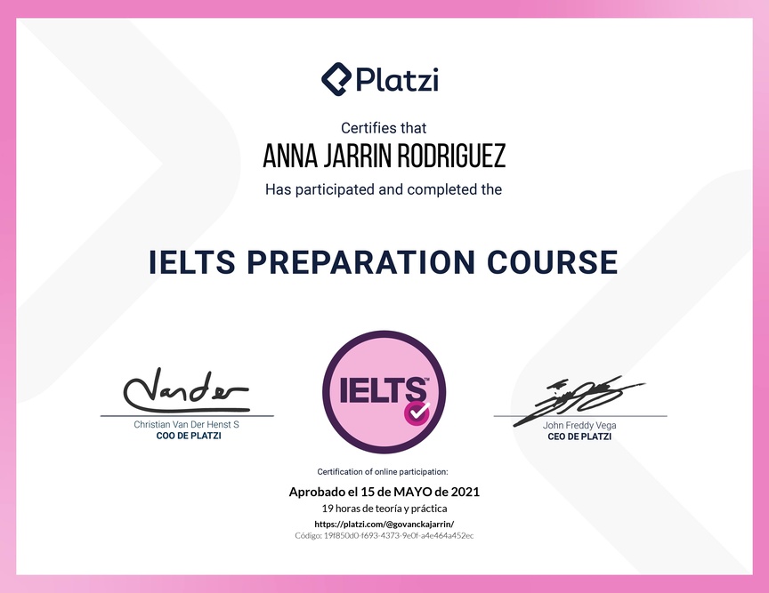 Diploma del Curso de Inglés para Preparación de IELTS (2020)