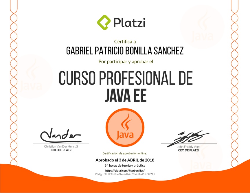 Diploma del Curso Profesional de Java EE 2017