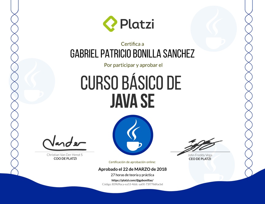 Diploma del Curso Básico de Java SE 2018