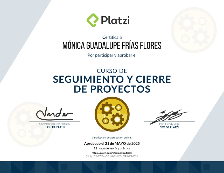 Diploma del Curso de Seguimiento y Cierre de Proyectos