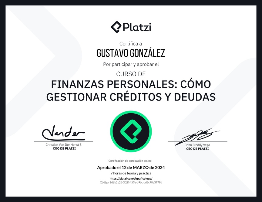 Diploma del Curso de Finanzas Personales: Cómo Gestionar Créditos y Deudas