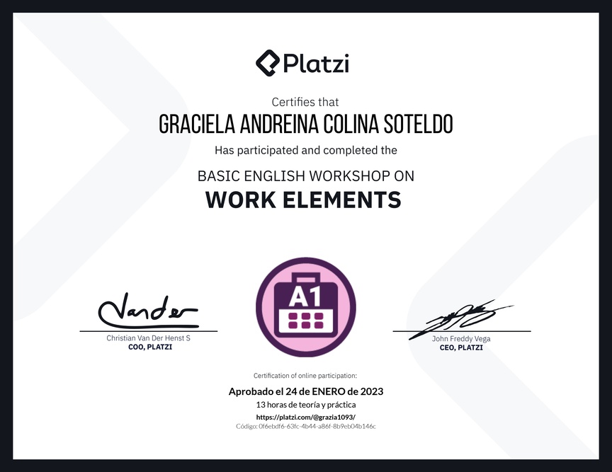 Diploma del Curso de Inglés Práctico sobre Elementos de Trabajo
