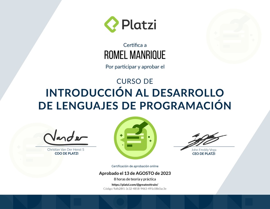 Diploma del Curso de Introducción al Desarrollo de Lenguajes de Programación