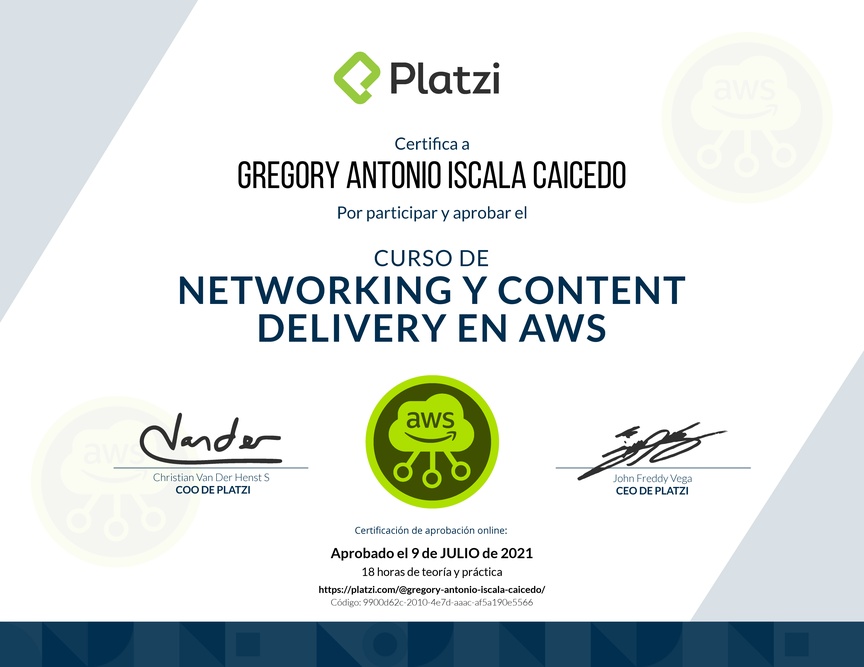 Diploma del Curso Práctico de Networking y Content Delivery en AWS