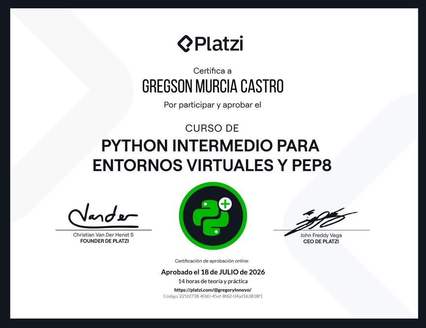 Diploma del Curso de Python Intermedio para Entornos virtuales y PEP8