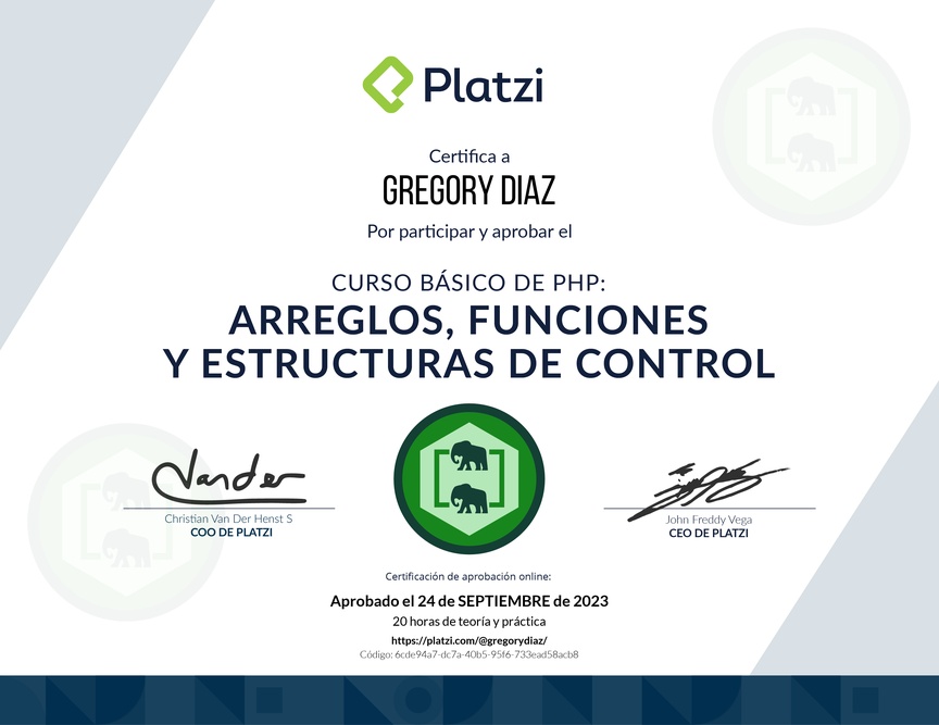 Diploma del Curso de PHP: Arreglos, Funciones y Estructuras de Control