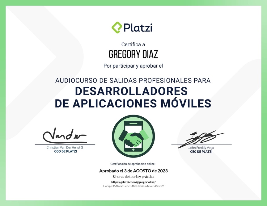Diploma de Audiocurso de Salidas Profesionales para Desarrolladores de Aplicaciones Móviles 2022