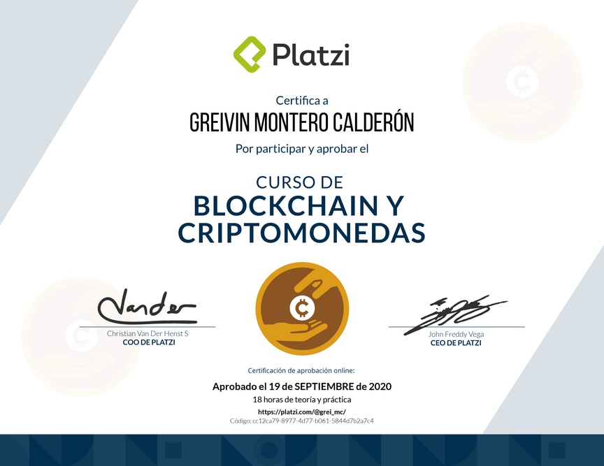 Diploma del Curso de Blockchain y Criptomonedas 2018