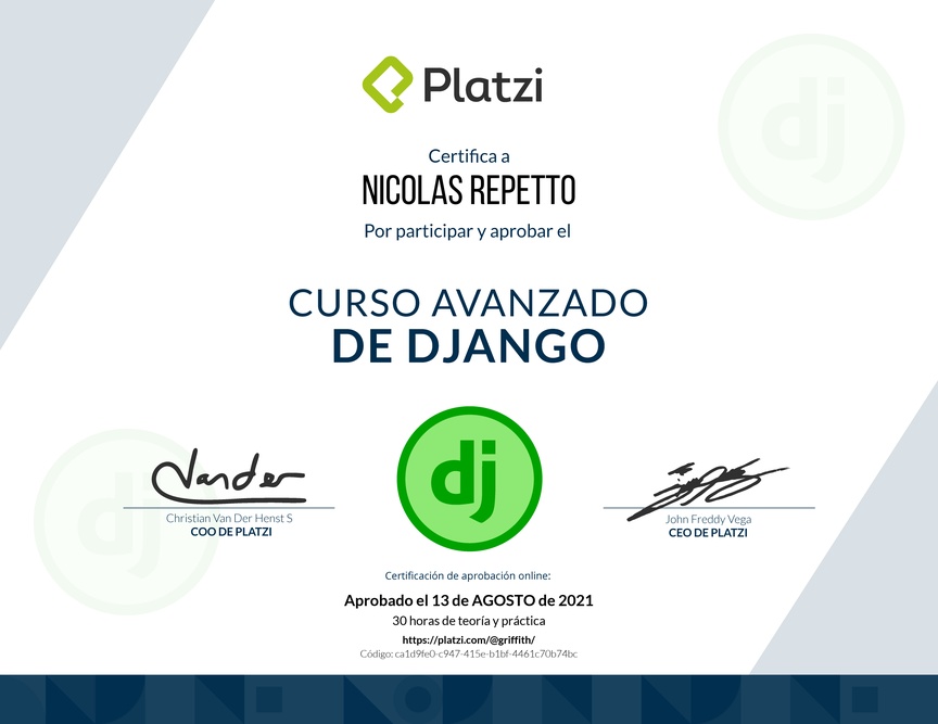 Diploma del Curso Avanzado de Django v2