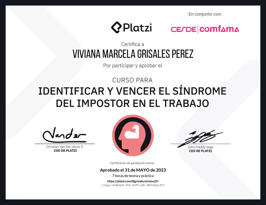 Diploma del Curso para Identificar y Vencer el Síndrome del Impostor
