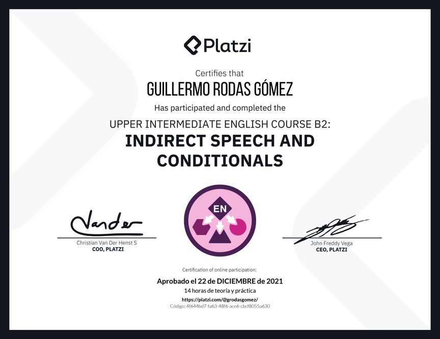 Diploma del Curso de Inglés Intermedio Alto B2: Discurso Indirecto y Condicionales